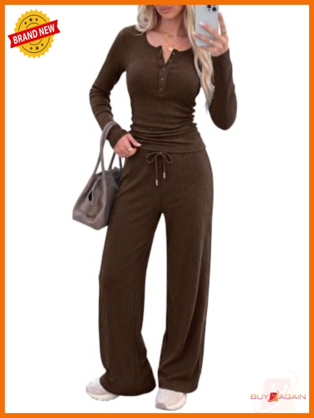 Ribbed Knit Two Piece Lounge Set Long Sleeve Henley Top Wide Leg Pants